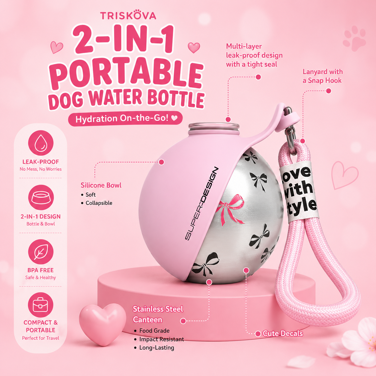 Triskova™ 2-in-1 Portable Dog Water Bottle | Stainless Steel & Leak-Proof
