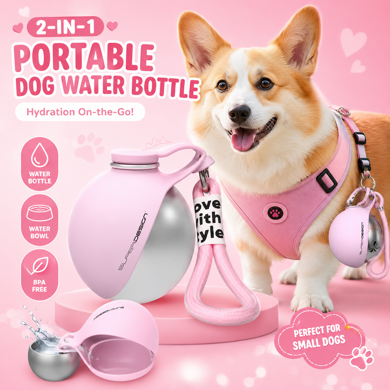 Triskova™ 2-in-1 Portable Dog Water Bottle | Stainless Steel & Leak-Proof
