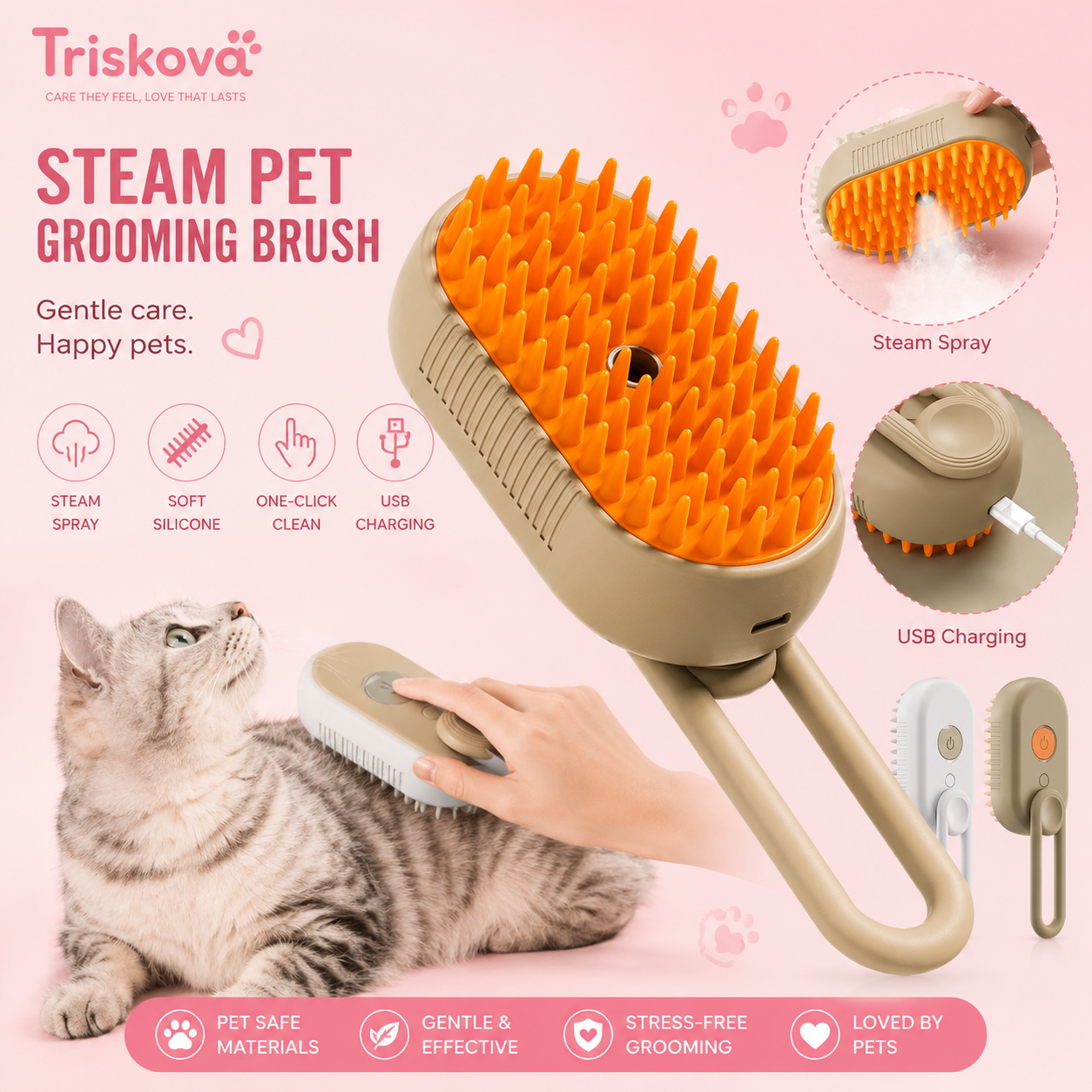 Triskova™ SteamGroom Pro 3-in-1 Pet Brush